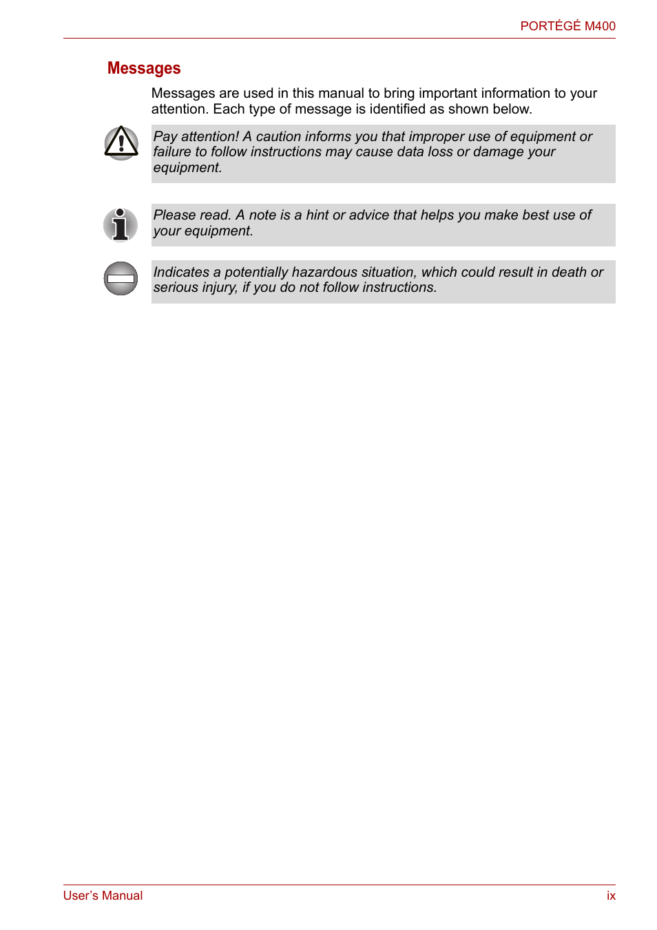 Messages | Toshiba PORTEGE M400 User Manual | Page 9 / 255