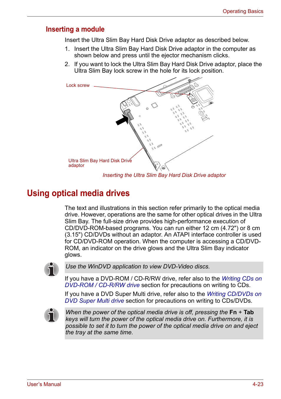 Using optical media drives, Using optical media drives -23, Using optical | Media drives, Inserting a module | Toshiba PORTEGE M400 User Manual | Page 91 / 255