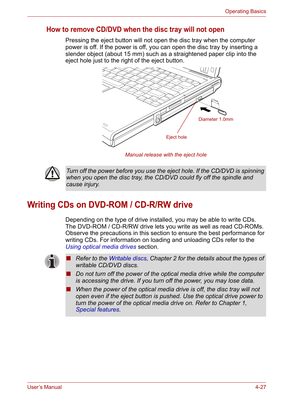 Writing cds on dvd-rom / cd-r/rw drive, Writing cds on dvd-rom / cd-r/rw drive -27, Writing cds on | Dvd-rom / cd-r/rw drive | Toshiba PORTEGE M400 User Manual | Page 95 / 255