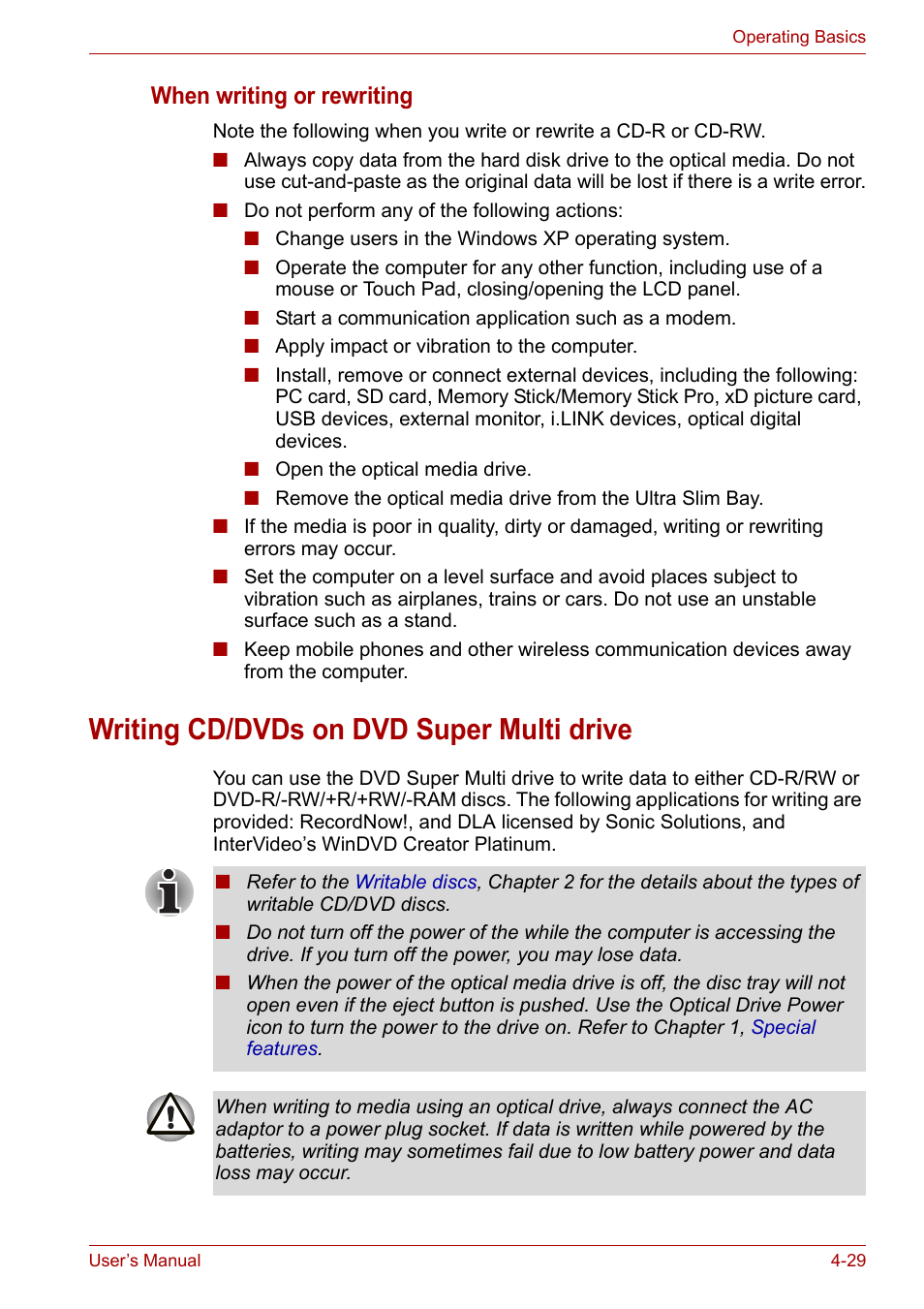 Writing cd/dvds on dvd super multi drive, Writing cd/dvds on dvd super multi drive -29, Writing cd/dvds on | Dvd super multi drive, When writing or rewriting | Toshiba PORTEGE M400 User Manual | Page 97 / 255