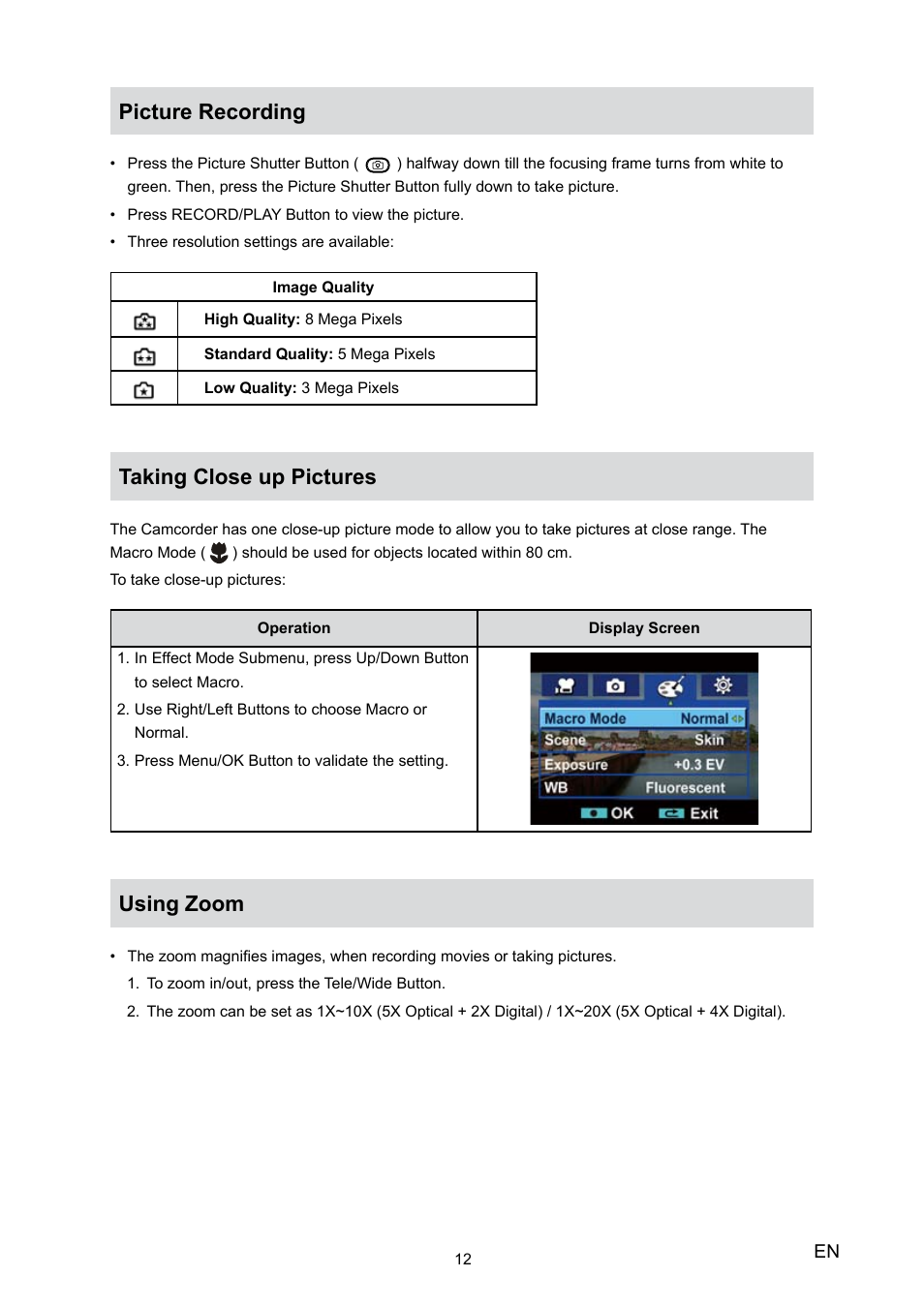 Picture recording, Taking close up pictures, Using zoom | Toshiba Camileo H20 User Manual | Page 14 / 47