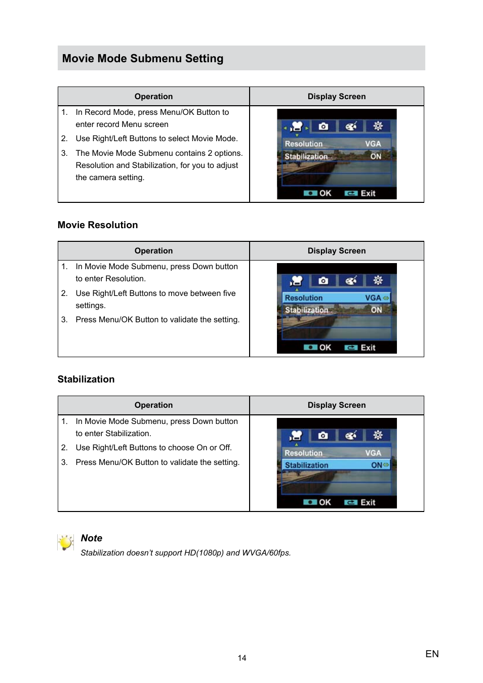 Movie mode submenu setting | Toshiba Camileo H20 User Manual | Page 16 / 47