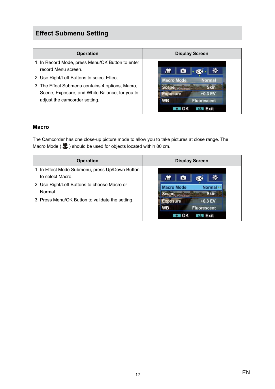 Effect submenu setting | Toshiba Camileo H20 User Manual | Page 19 / 47