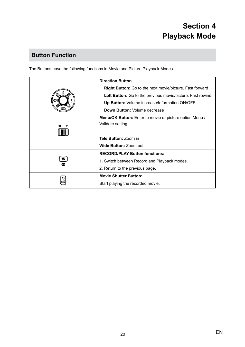 Section 4 playback mode, Button function | Toshiba Camileo H20 User Manual | Page 22 / 47