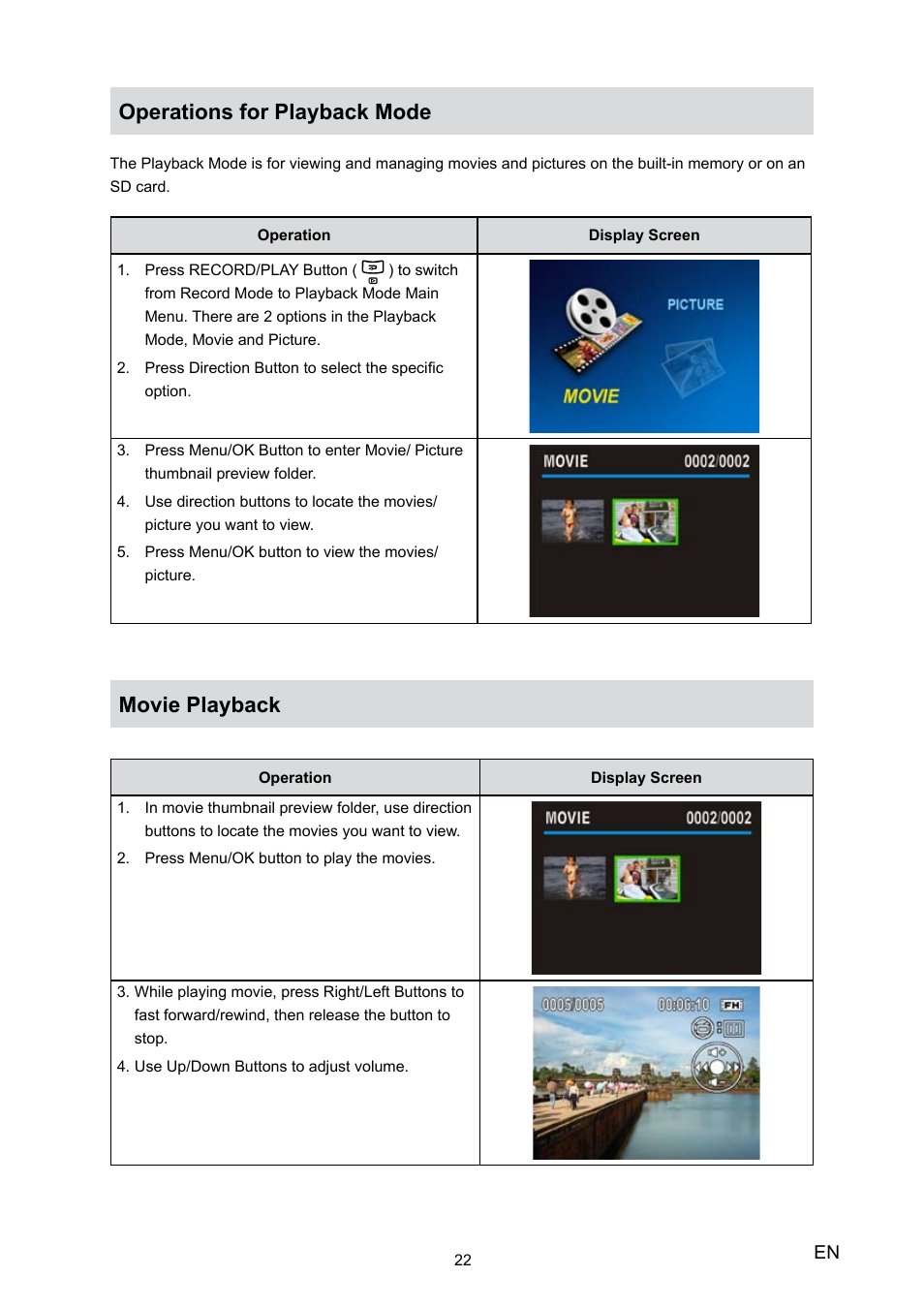 Operations for playback mode, Movie playback, Operations for playback mode movie playback | Toshiba Camileo H20 User Manual | Page 24 / 47