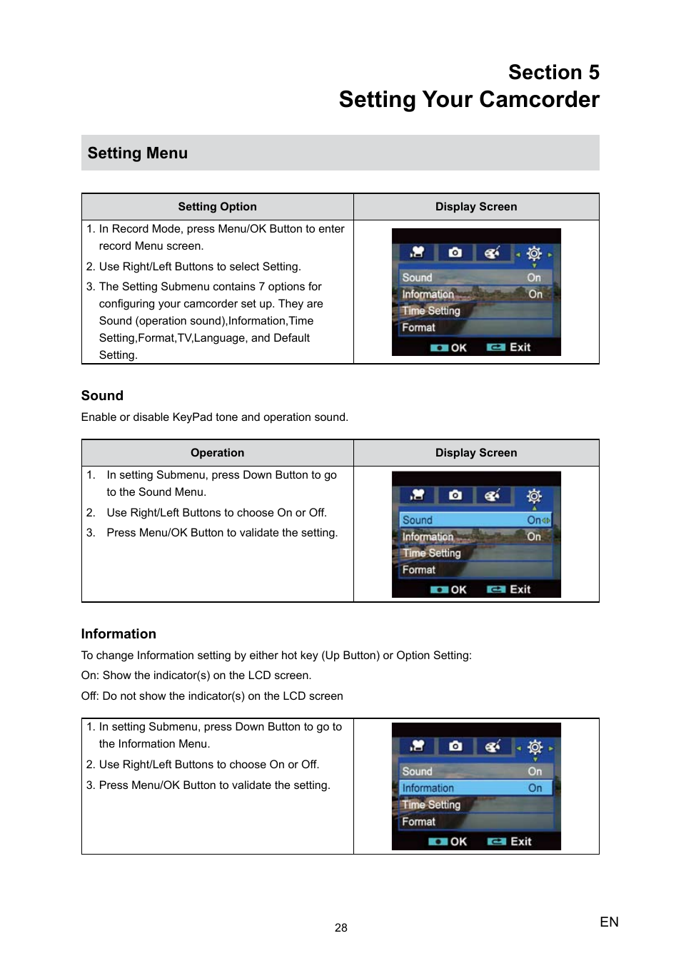 Section 5 setting your camcorder, Setting menu, Setting your camcorder | Toshiba Camileo H20 User Manual | Page 30 / 47