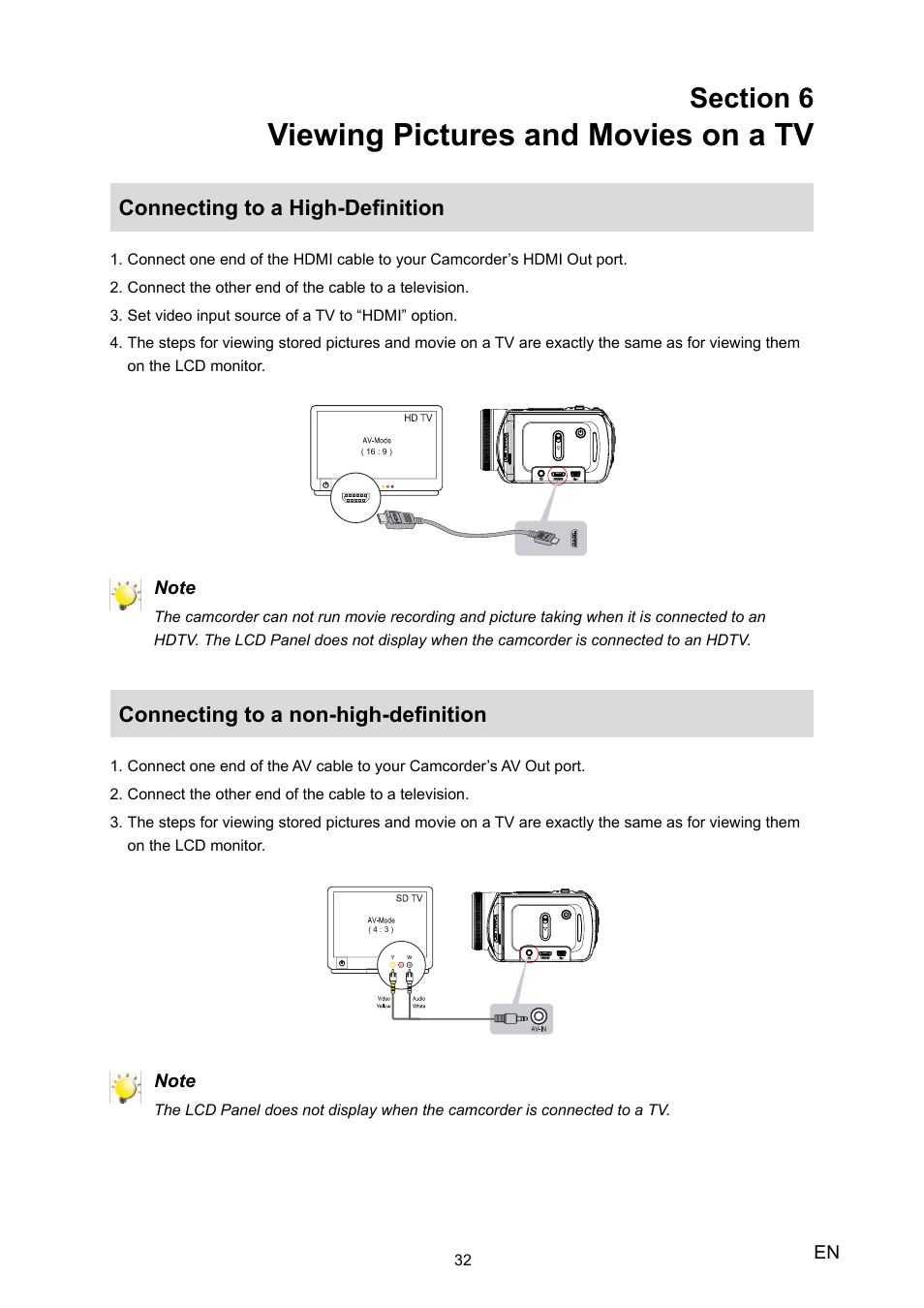 Section 6 viewing pictures and movies on a tv, Connecting to a high-definition, Connecting to a non-high-definition | Viewing pictures and movies on a tv | Toshiba Camileo H20 User Manual | Page 34 / 47
