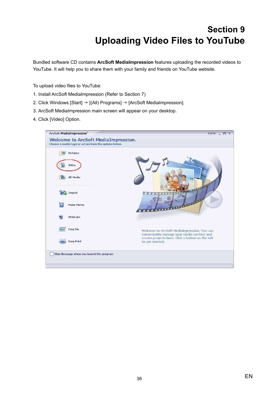 Section 9 uploading video files to youtube, Uploading video files to youtube | Toshiba Camileo H20 User Manual | Page 38 / 47