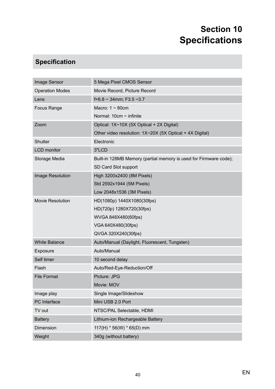 Section 10 specifications, Specifications, Specification | Toshiba Camileo H20 User Manual | Page 42 / 47
