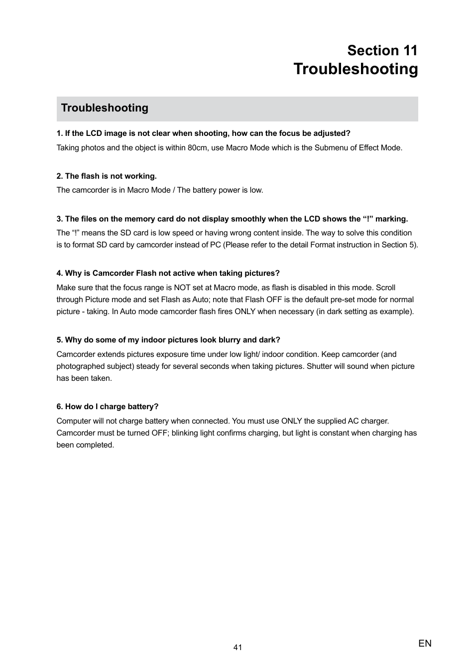 Section 11 troubleshooting, Troubleshooting | Toshiba Camileo H20 User Manual | Page 43 / 47