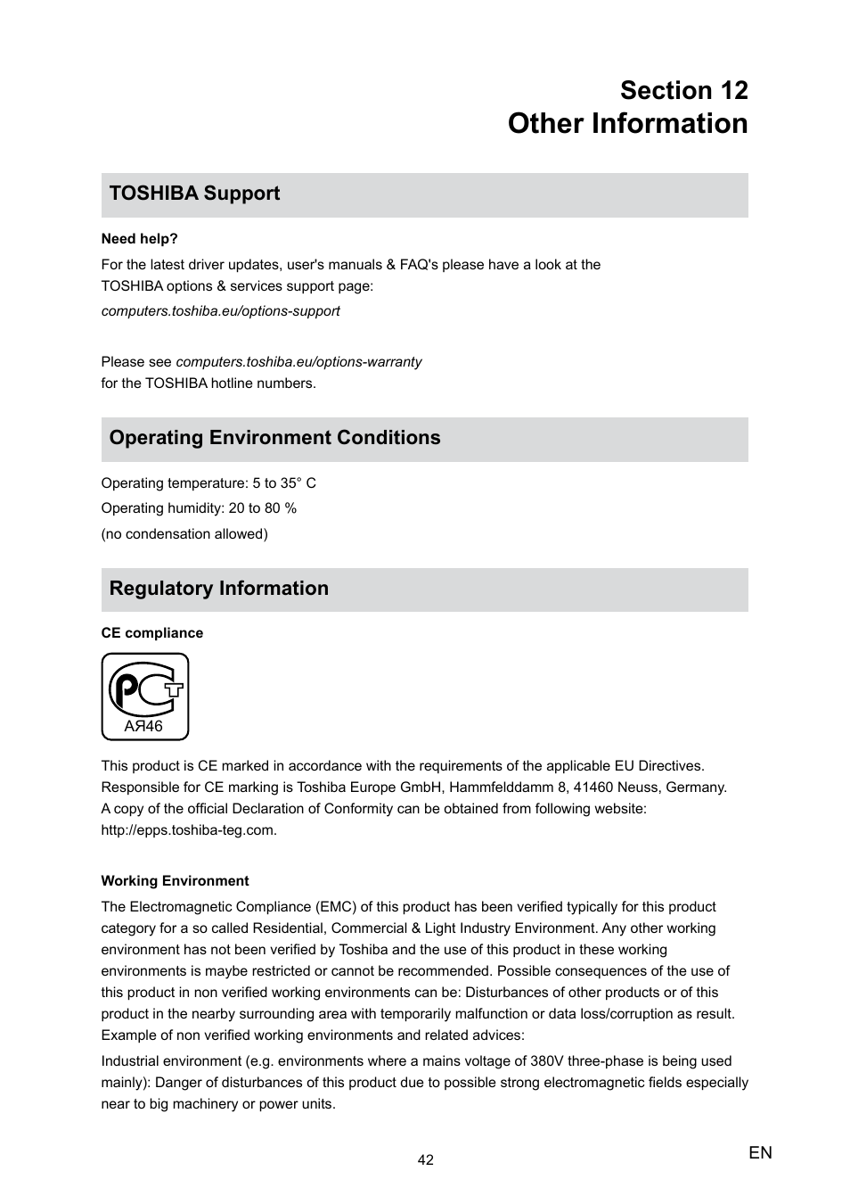 Section 12 other information, Toshiba support, Operating environment conditions | Regulatory information, Other information | Toshiba Camileo H20 User Manual | Page 44 / 47