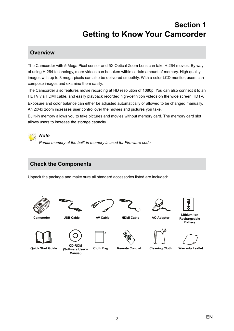 Section 1 getting to know your camcorder, Overview, Check the components | Overview check the components, Getting to know your camcorder | Toshiba Camileo H20 User Manual | Page 5 / 47