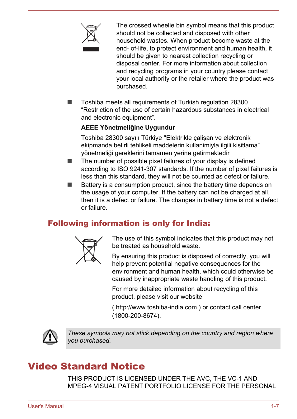 Following information is only for india, Video standard notice, Video standard notice -7 | Toshiba WT7-C User Manual | Page 10 / 75