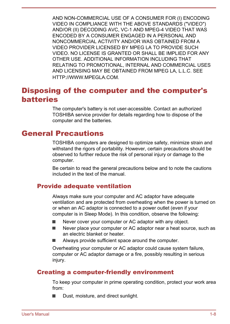 General precautions, Provide adequate ventilation, Creating a computer-friendly environment | Toshiba WT7-C User Manual | Page 11 / 75