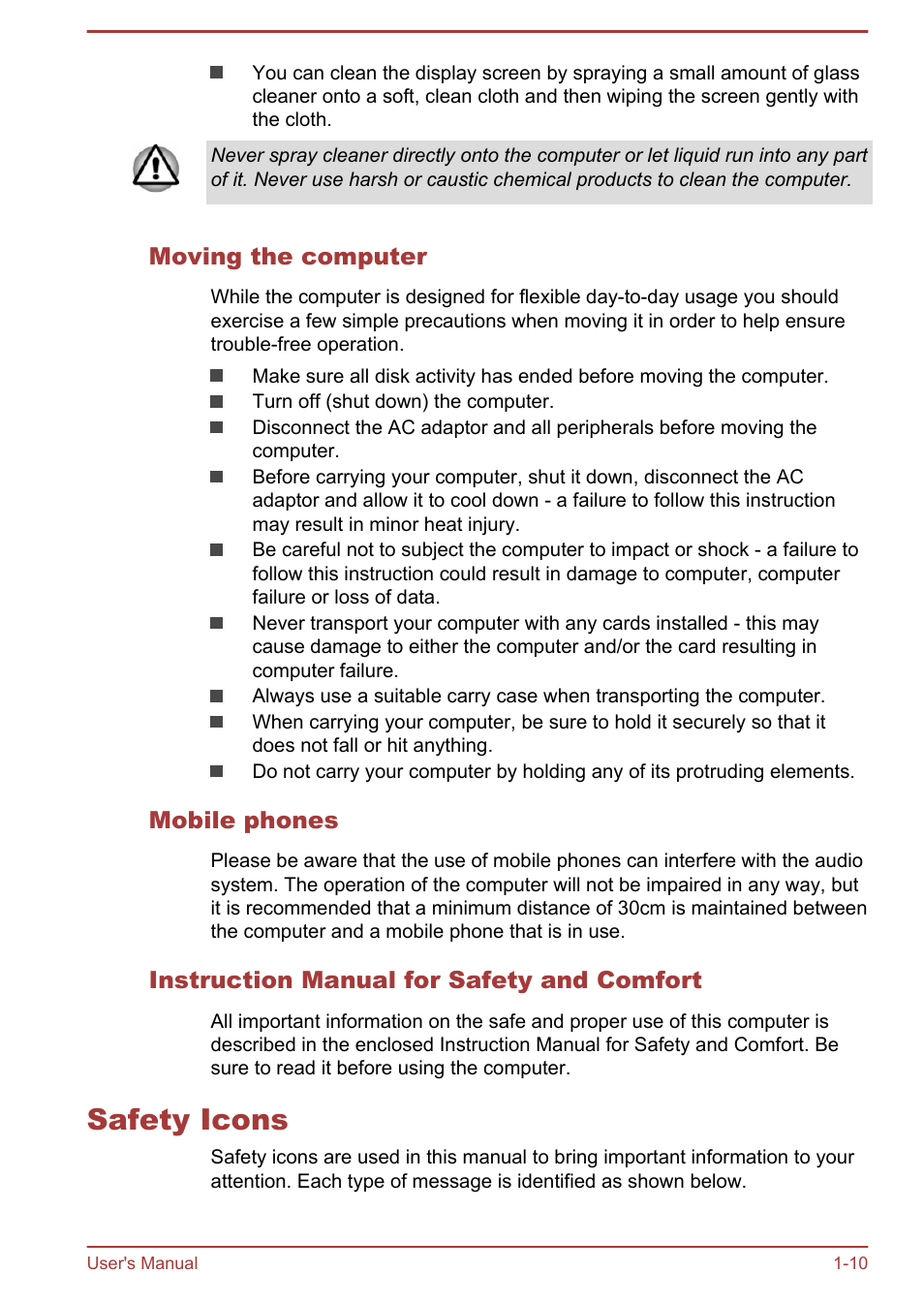 Moving the computer, Mobile phones, Instruction manual for safety and comfort | Safety icons, Safety icons -10 | Toshiba WT7-C User Manual | Page 13 / 75