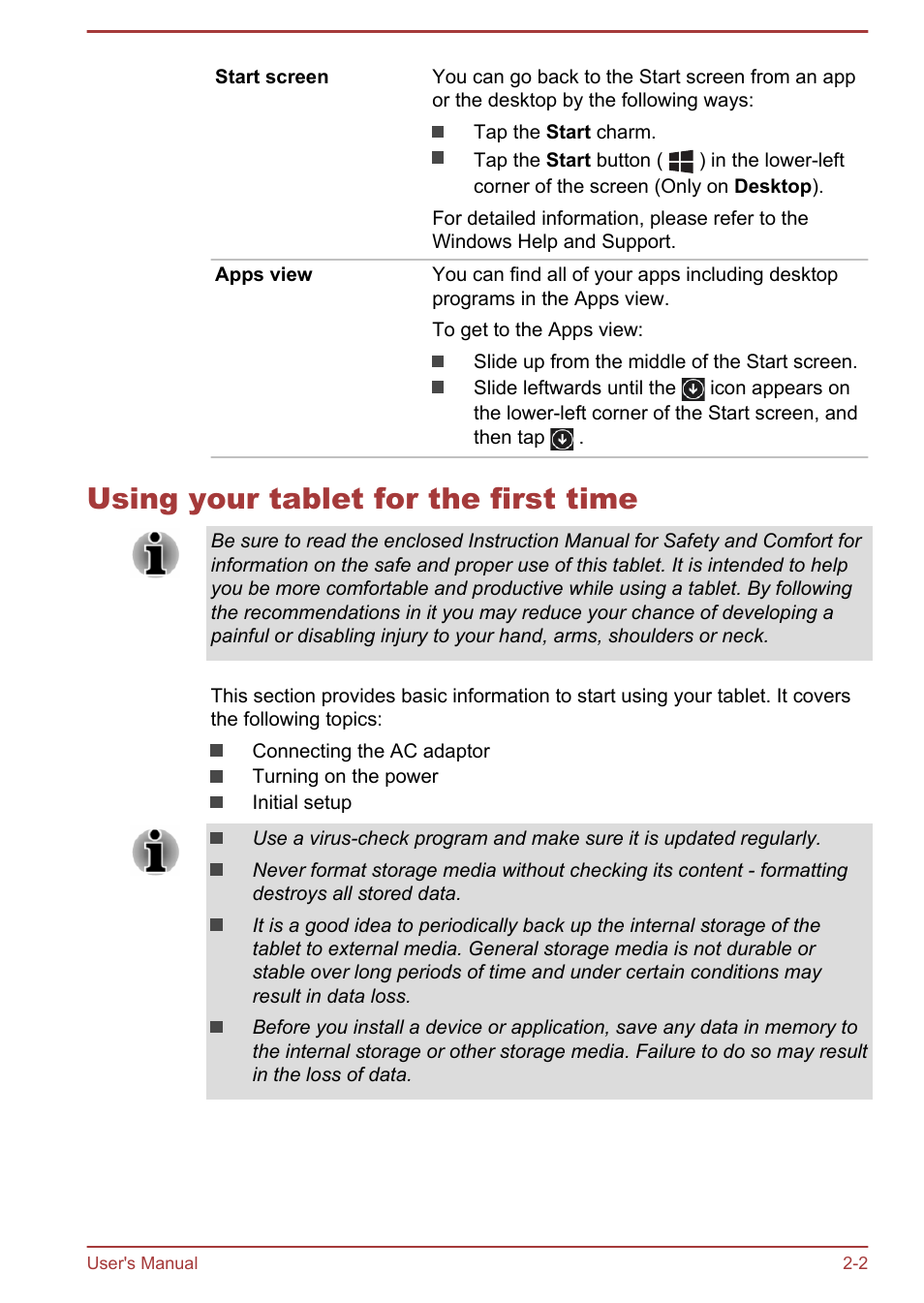 Using your tablet for the first time, Using your tablet for the first time -2 | Toshiba WT7-C User Manual | Page 16 / 75