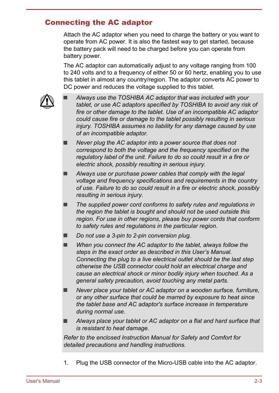 Connecting the ac adaptor | Toshiba WT7-C User Manual | Page 17 / 75