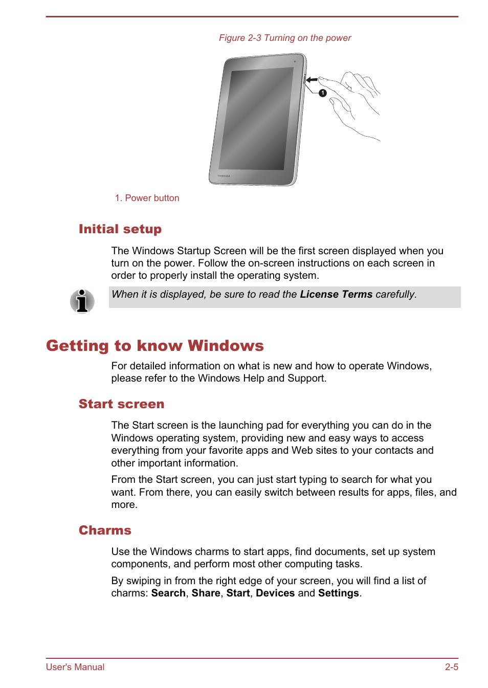 Initial setup, Getting to know windows, Start screen | Charms, Getting to know windows -5 | Toshiba WT7-C User Manual | Page 19 / 75