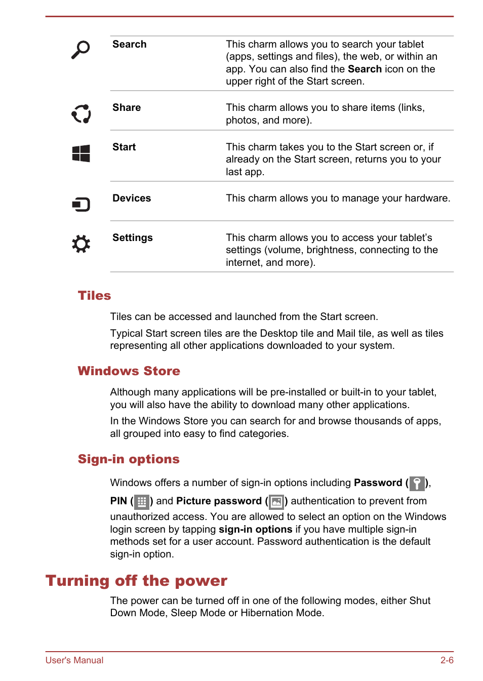 Tiles, Windows store, Sign-in options | Turning off the power, Turning off the power -6 | Toshiba WT7-C User Manual | Page 20 / 75