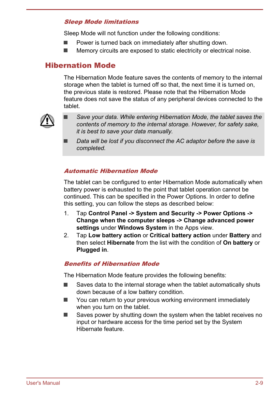 Hibernation mode | Toshiba WT7-C User Manual | Page 23 / 75