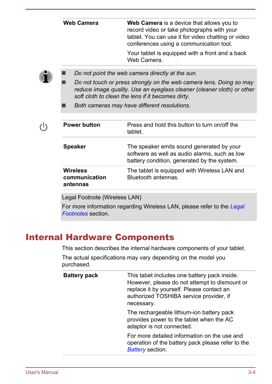 Internal hardware components, Internal hardware components -4 | Toshiba WT7-C User Manual | Page 27 / 75
