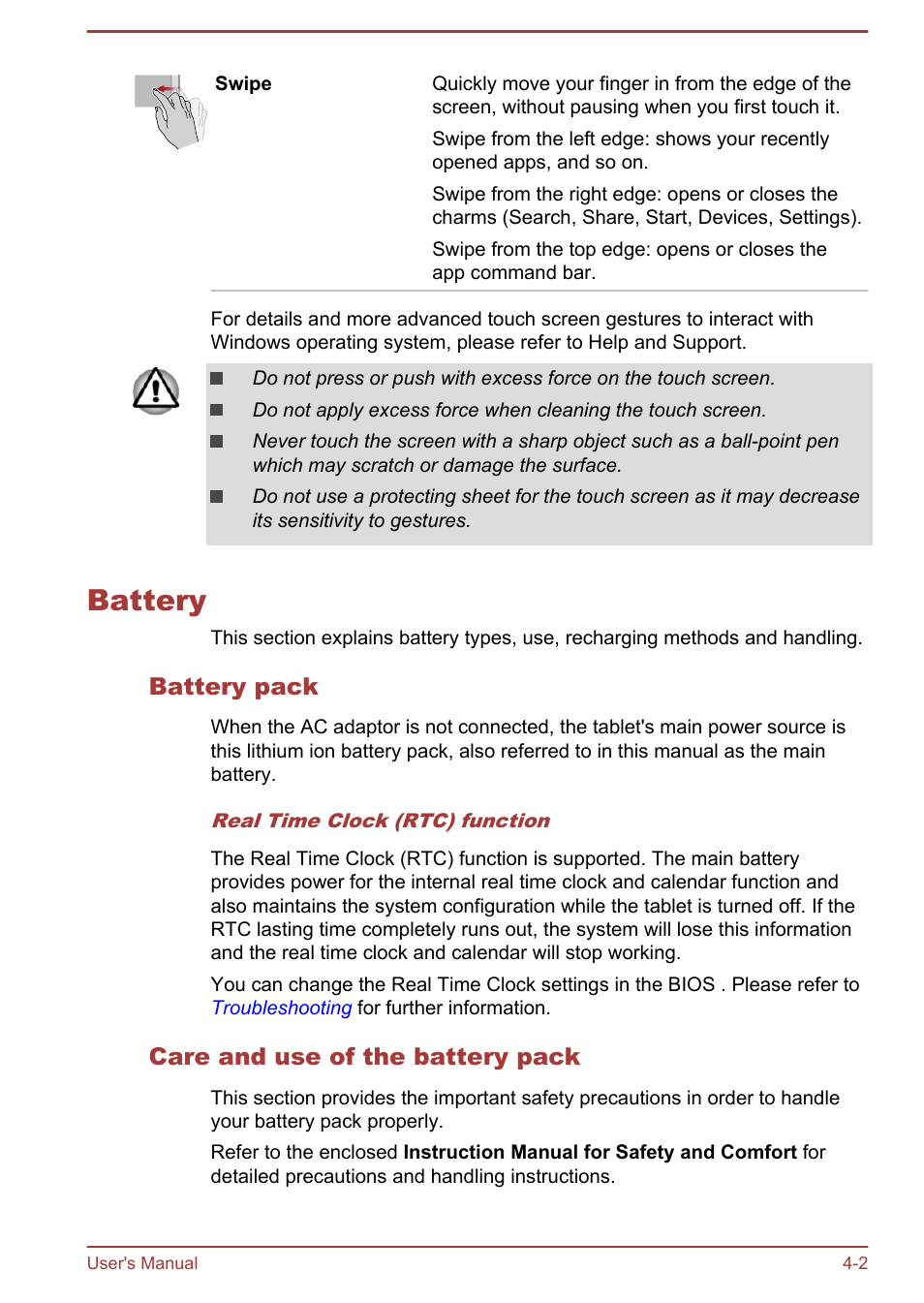 Battery, Battery pack, Care and use of the battery pack | Battery -2 | Toshiba WT7-C User Manual | Page 31 / 75
