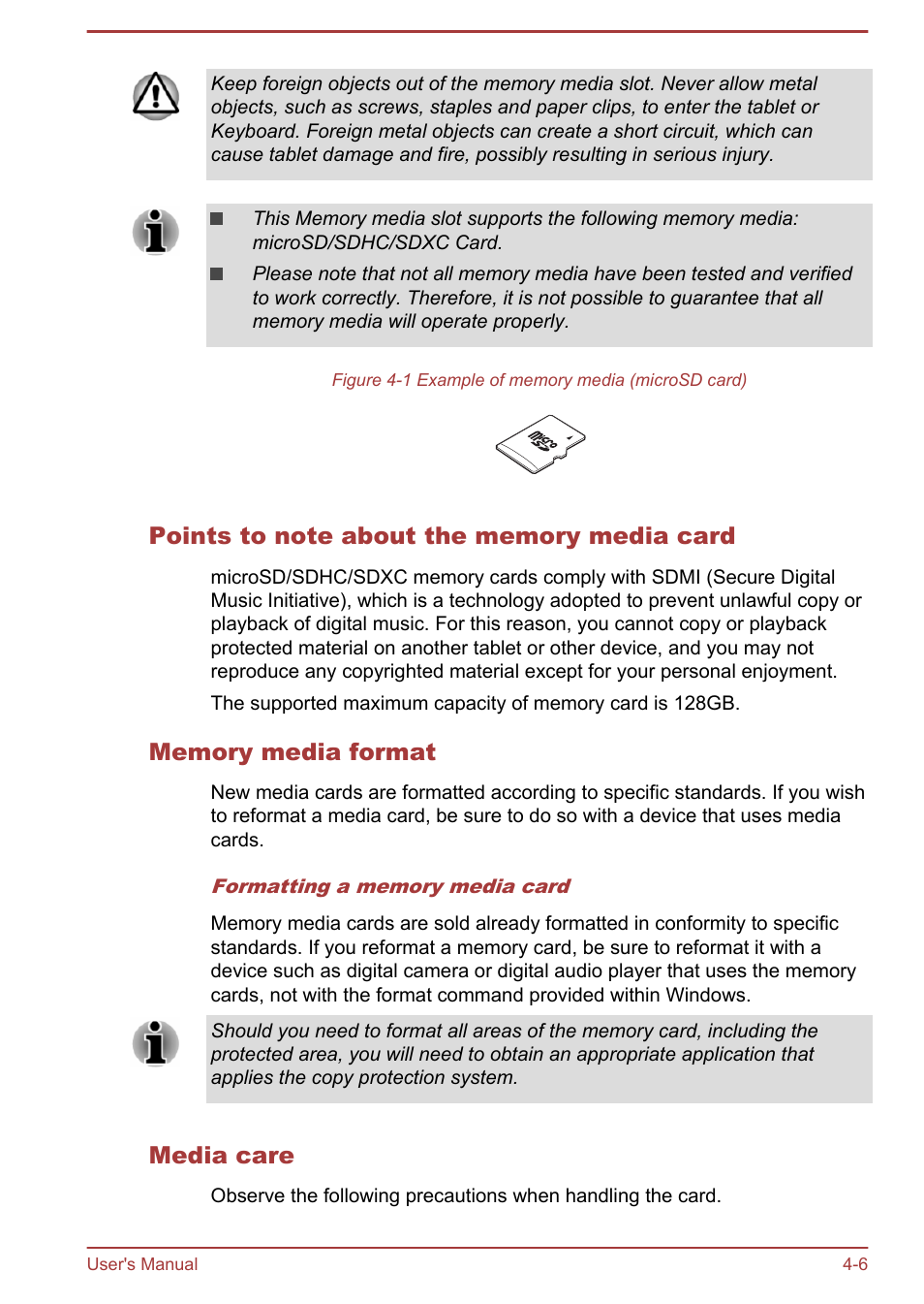Points to note about the memory media card, Memory media format, Media care | Toshiba WT7-C User Manual | Page 35 / 75