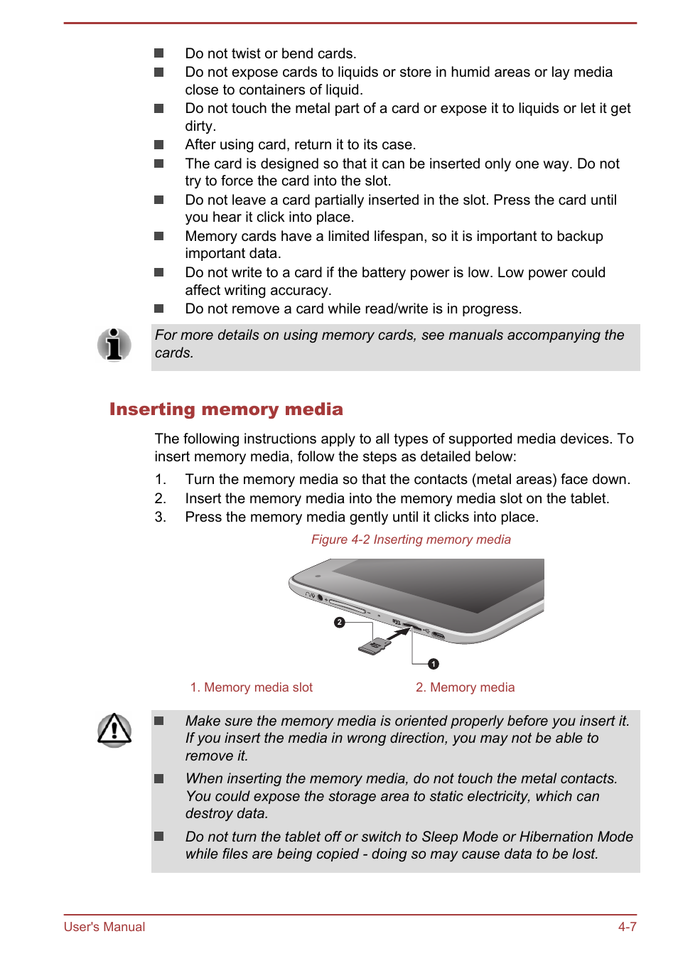 Inserting memory media | Toshiba WT7-C User Manual | Page 36 / 75