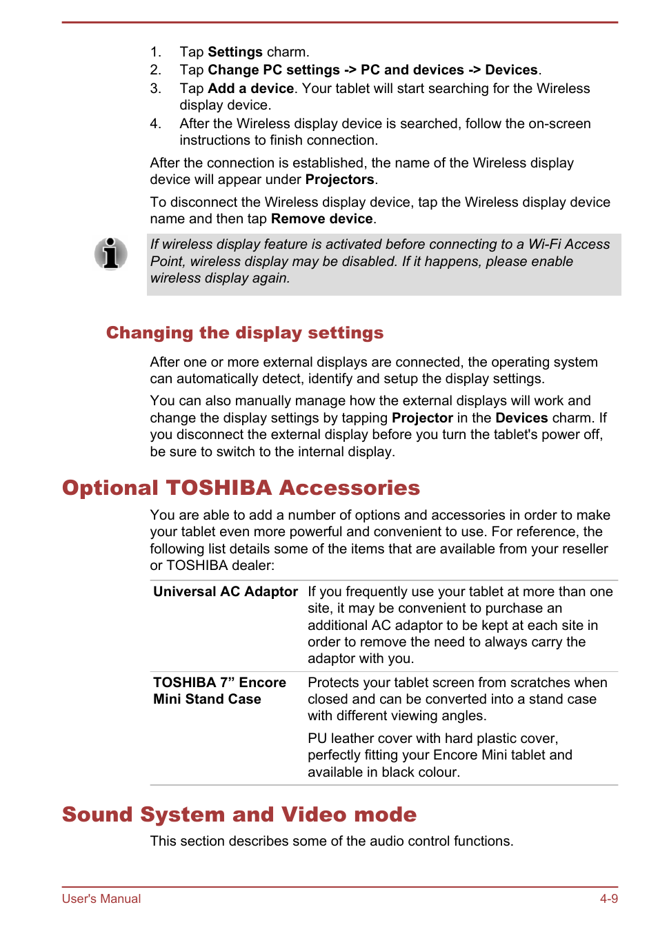 Changing the display settings, Optional toshiba accessories, Sound system and video mode | Toshiba WT7-C User Manual | Page 38 / 75
