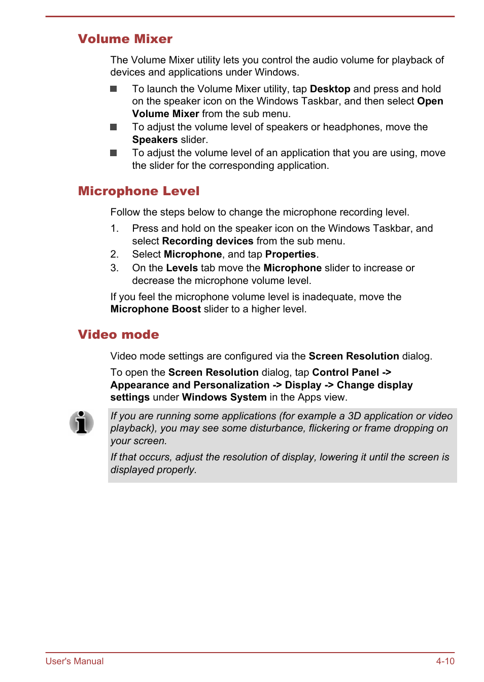 Volume mixer, Microphone level, Video mode | Toshiba WT7-C User Manual | Page 39 / 75