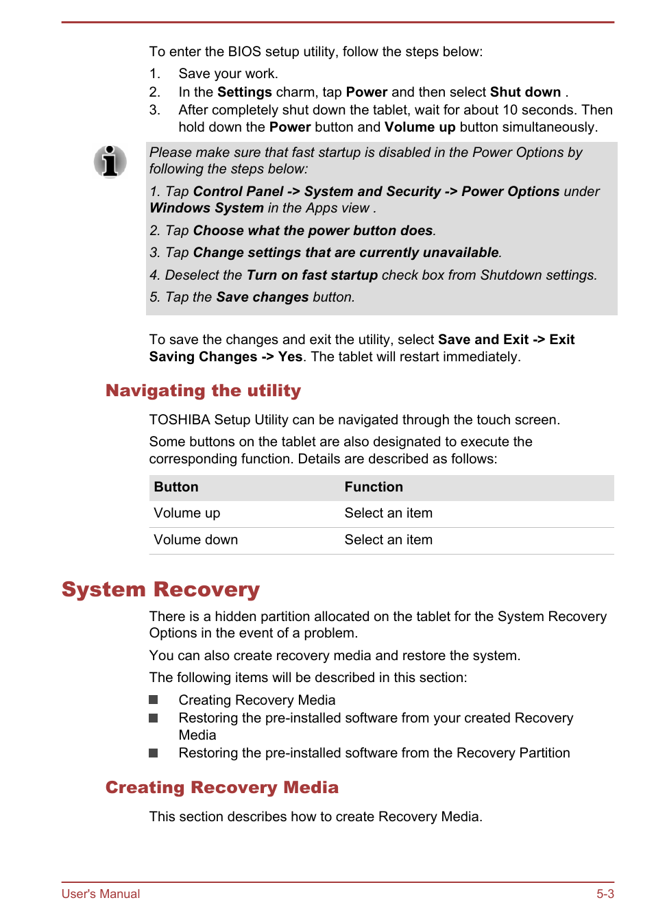 Navigating the utility, System recovery, Creating recovery media | System recovery -3 | Toshiba WT7-C User Manual | Page 42 / 75