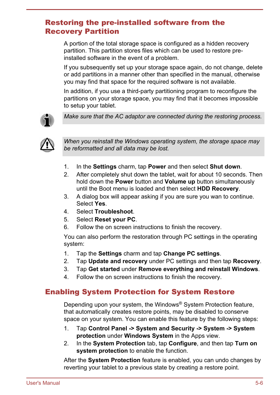 Enabling system protection for system restore | Toshiba WT7-C User Manual | Page 45 / 75