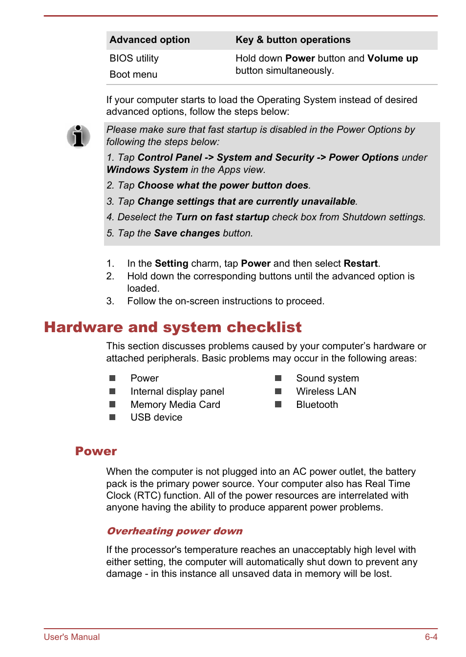 Hardware and system checklist, Power, Hardware and system checklist -4 | Toshiba WT7-C User Manual | Page 50 / 75