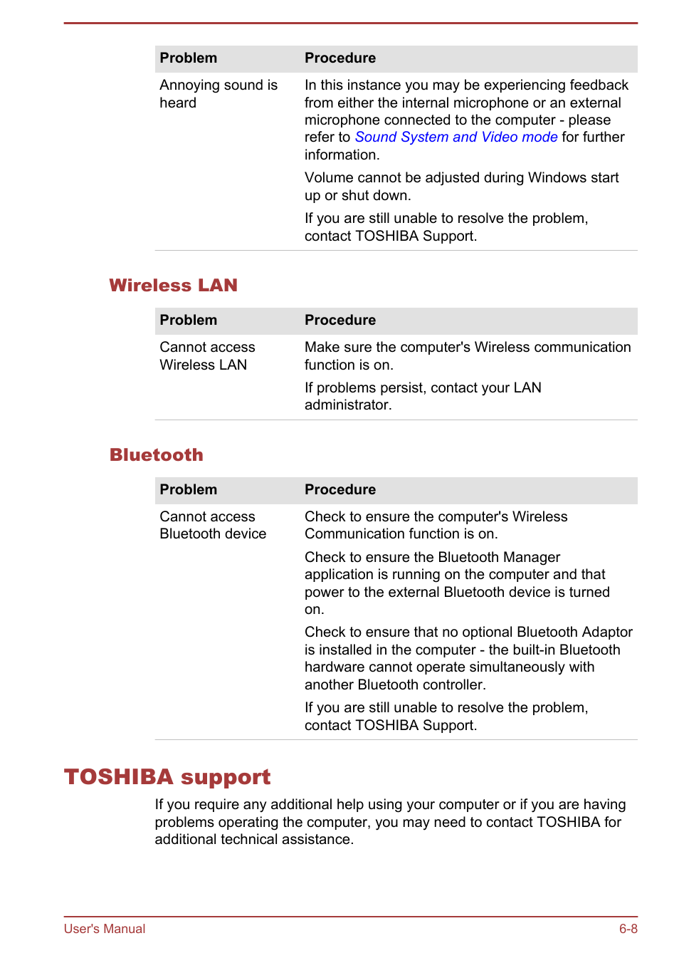 Wireless lan, Bluetooth, Toshiba support | Toshiba support -8 | Toshiba WT7-C User Manual | Page 54 / 75