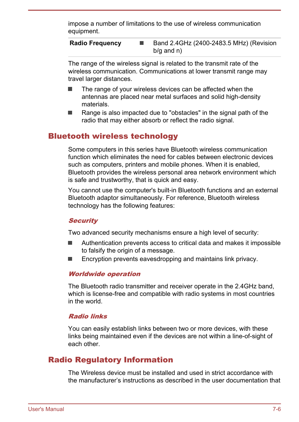 Bluetooth wireless technology, Radio regulatory information | Toshiba WT7-C User Manual | Page 61 / 75