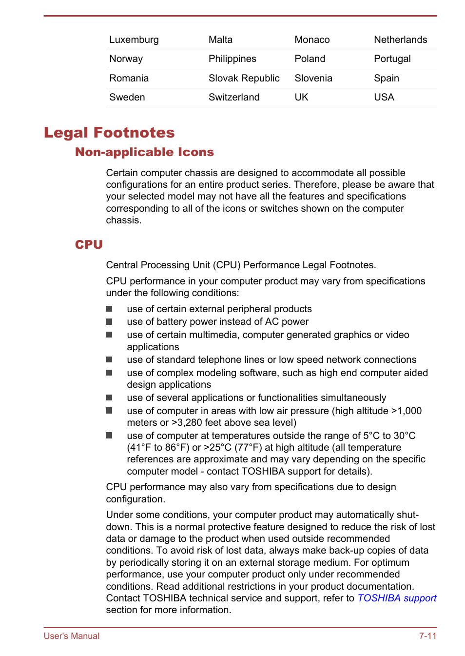 Legal footnotes, Non-applicable icons, Legal footnotes -11 | Legal, Footnotes, Section | Toshiba WT7-C User Manual | Page 66 / 75