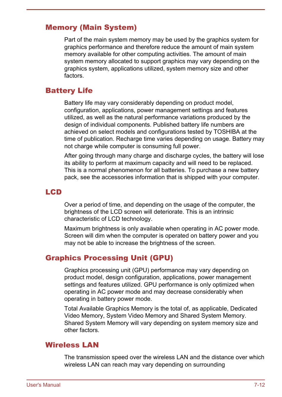 Memory (main system), Battery life, Graphics processing unit (gpu) | Wireless lan | Toshiba WT7-C User Manual | Page 67 / 75