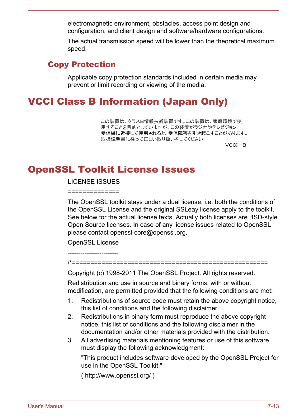 Copy protection, Vcci class b information (japan only), Openssl toolkit license issues | Toshiba WT7-C User Manual | Page 68 / 75