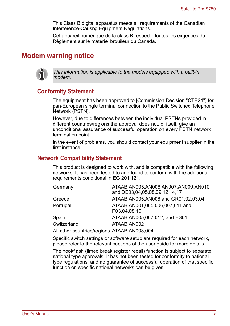 Modem warning notice, Conformity statement, Network compatibility statement | Toshiba Satellite Pro S750 User Manual | Page 10 / 204
