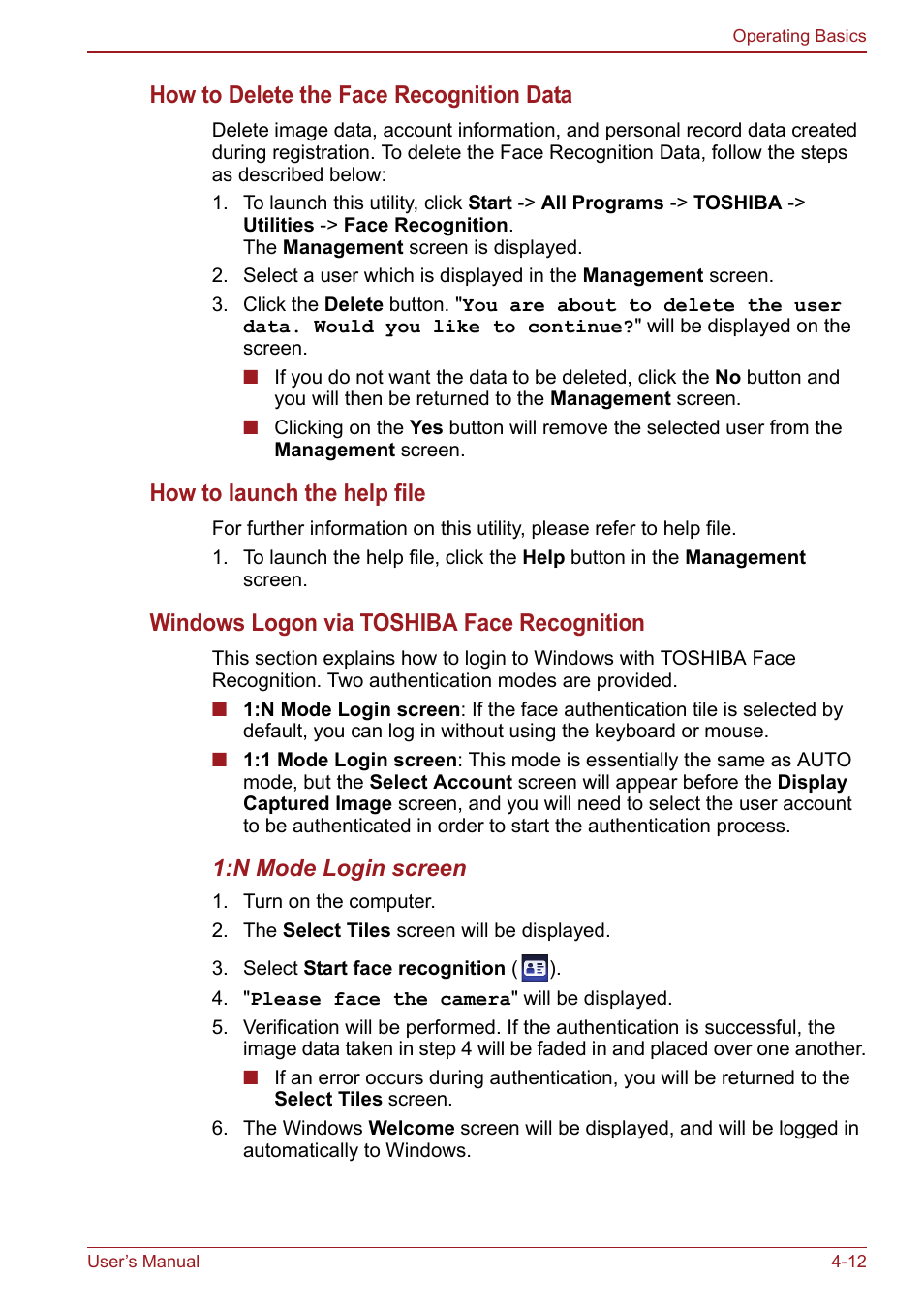 How to delete the face recognition data, How to launch the help file, Windows logon via toshiba face recognition | Toshiba Satellite Pro S750 User Manual | Page 100 / 204