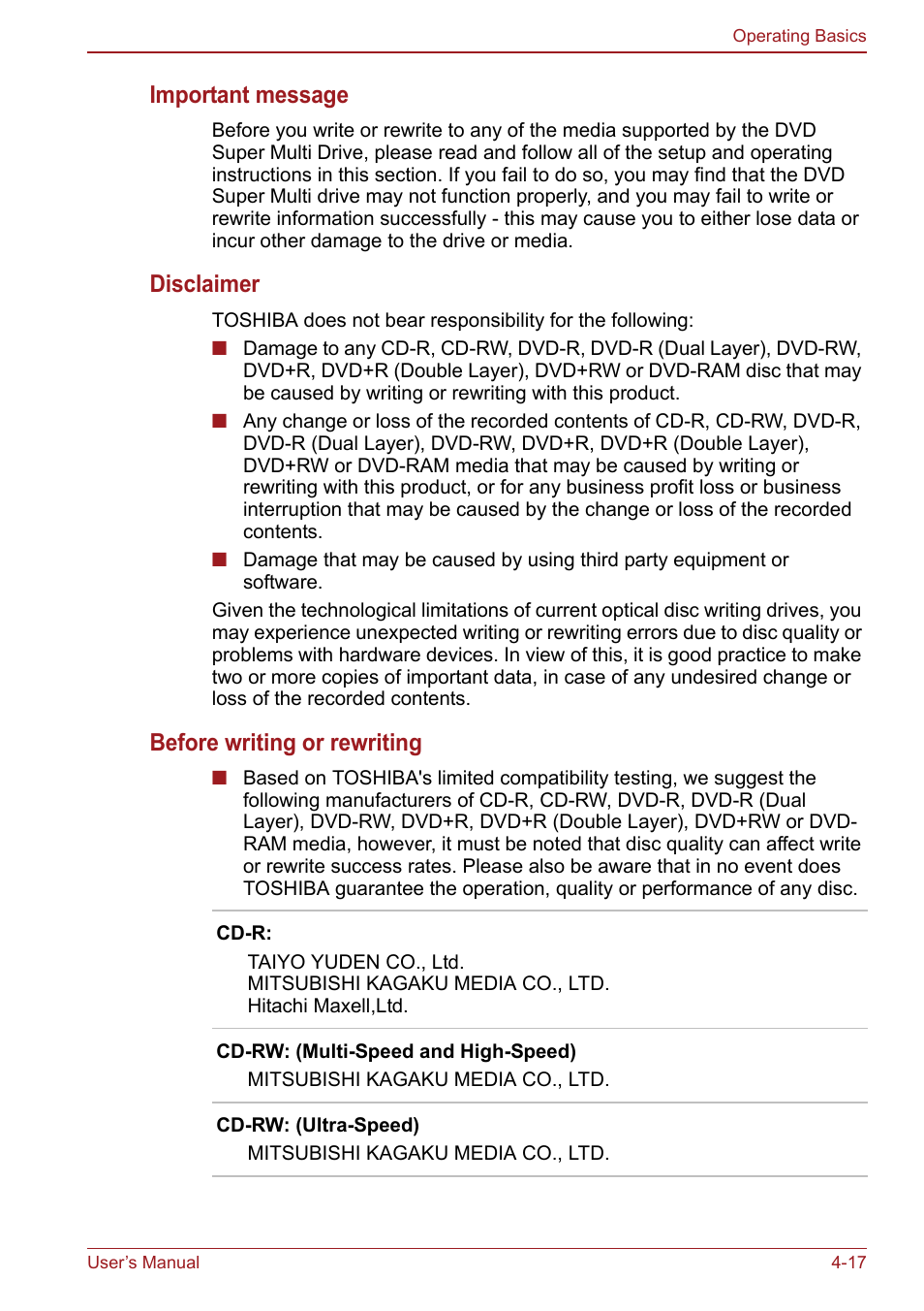 Important message, Disclaimer, Before writing or rewriting | Toshiba Satellite Pro S750 User Manual | Page 105 / 204