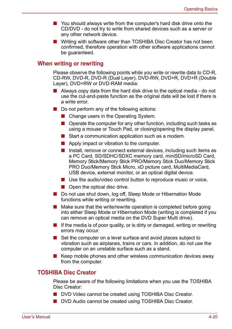 When writing or rewriting, Toshiba disc creator | Toshiba Satellite Pro S750 User Manual | Page 108 / 204