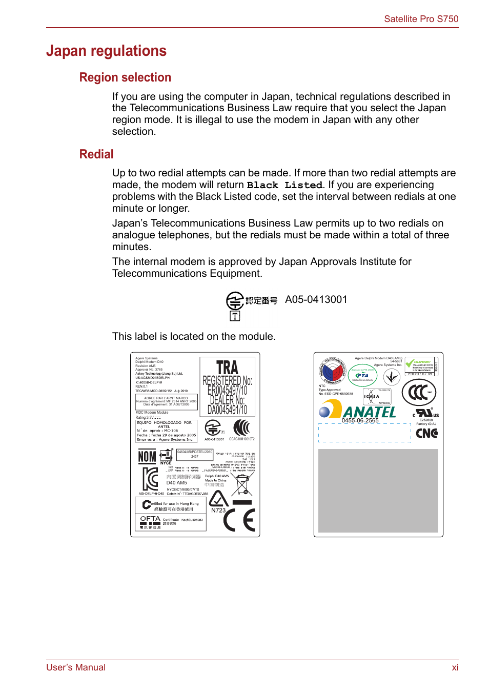 Japan regulations, Region selection, Redial | Toshiba Satellite Pro S750 User Manual | Page 11 / 204