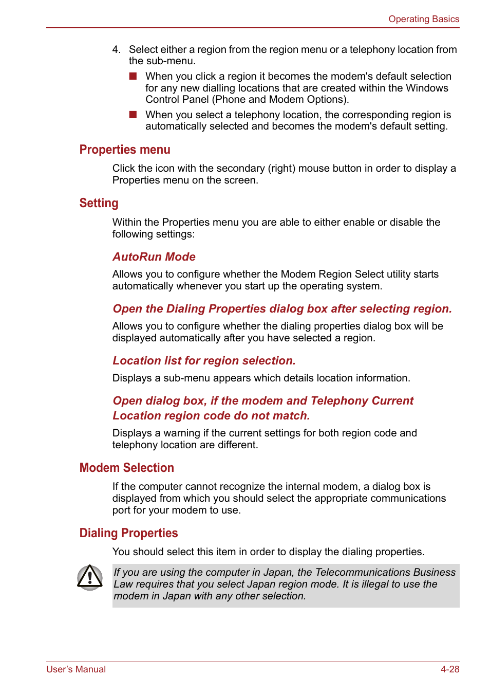 Properties menu, Setting, Modem selection | Dialing properties | Toshiba Satellite Pro S750 User Manual | Page 116 / 204