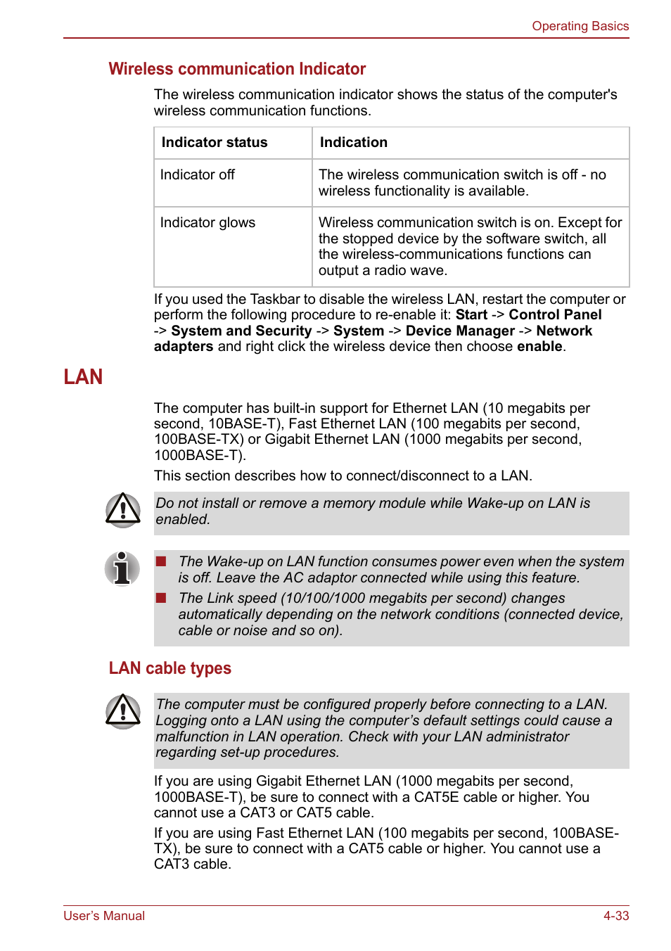Lan -33, Wireless communication indicator, Lan cable types | Toshiba Satellite Pro S750 User Manual | Page 121 / 204