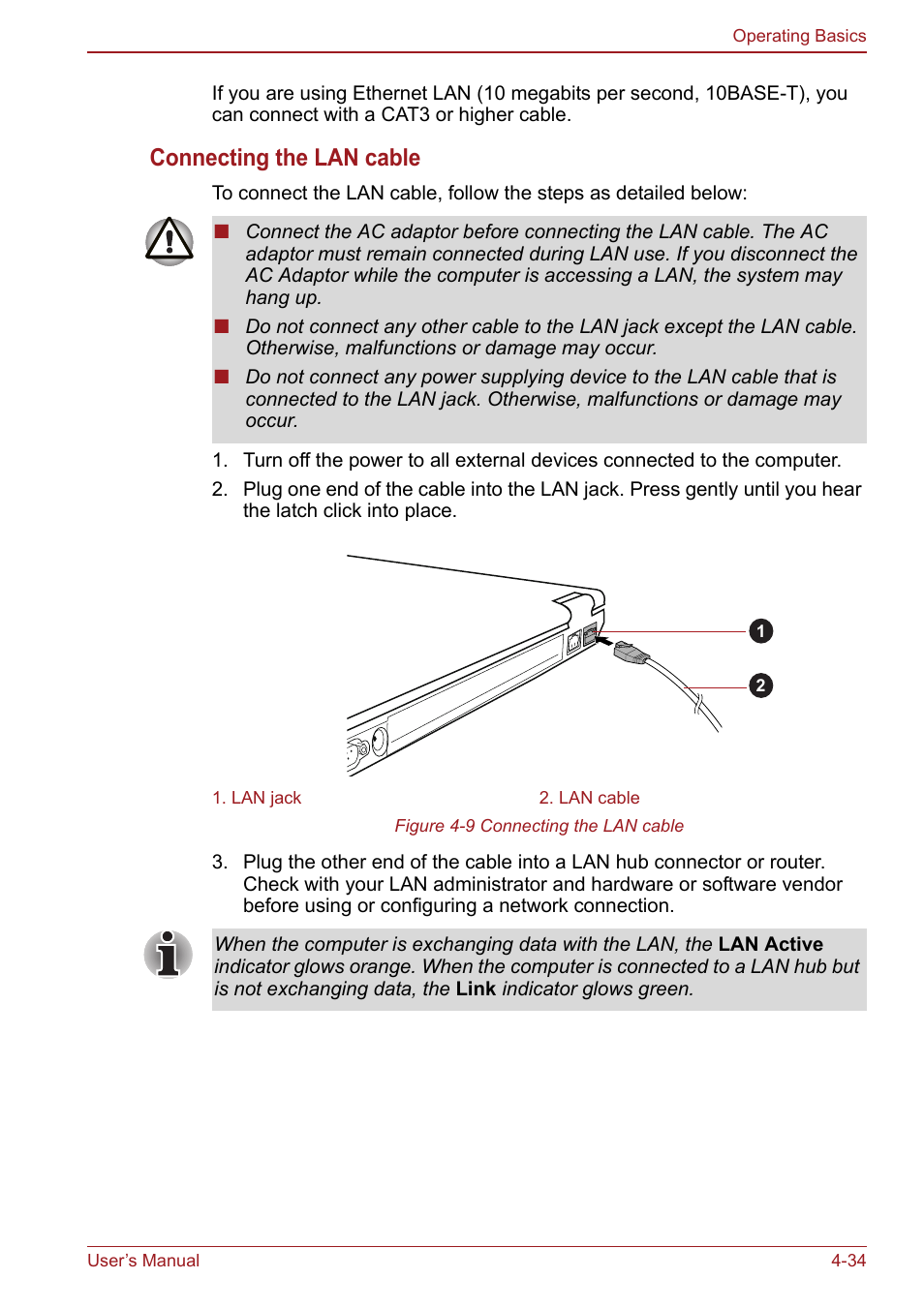 Connecting the lan cable | Toshiba Satellite Pro S750 User Manual | Page 122 / 204