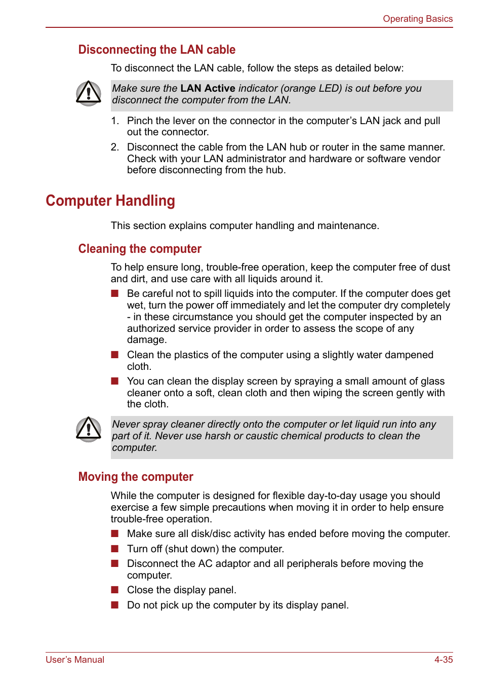 Computer handling, Computer handling -35, Disconnecting the lan cable | Cleaning the computer, Moving the computer | Toshiba Satellite Pro S750 User Manual | Page 123 / 204