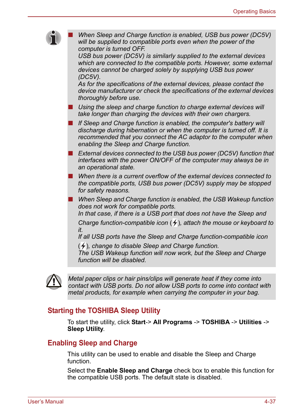Starting the toshiba sleep utility, Enabling sleep and charge | Toshiba Satellite Pro S750 User Manual | Page 125 / 204