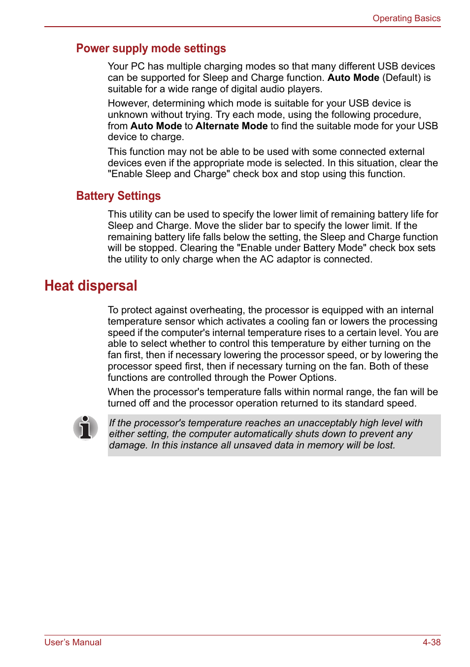 Heat dispersal, Heat dispersal -38, Power supply mode settings | Battery settings | Toshiba Satellite Pro S750 User Manual | Page 126 / 204