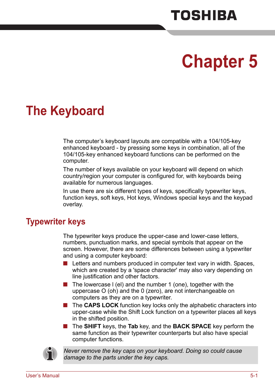 Chapter 5, The keyboard, Typewriter keys | Typewriter keys -1 | Toshiba Satellite Pro S750 User Manual | Page 127 / 204